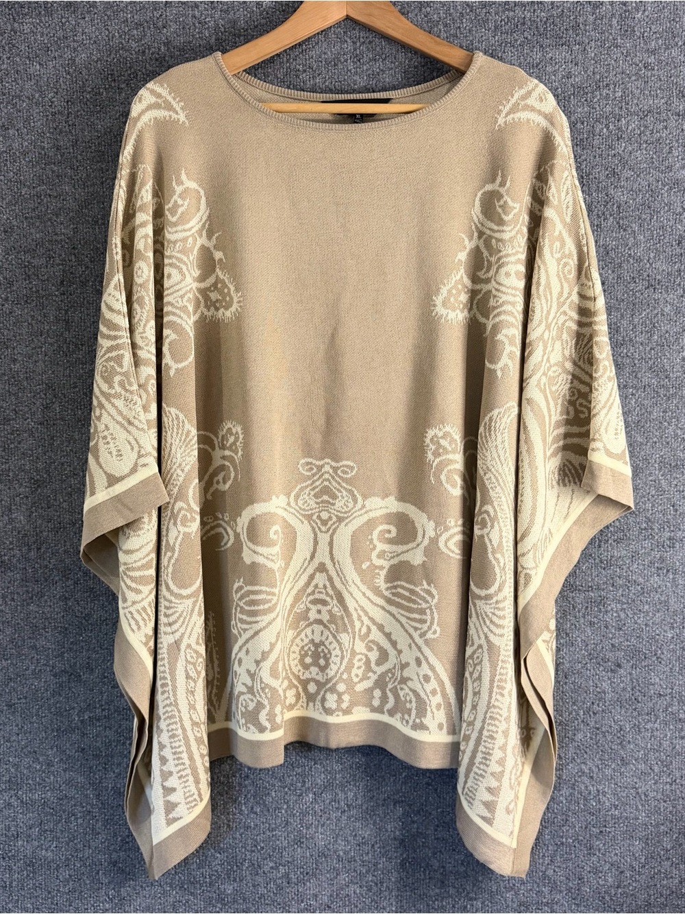 Ming Wang Womens XL Beige Tan Jacquard Paisley Knit Poncho Sweater Top
